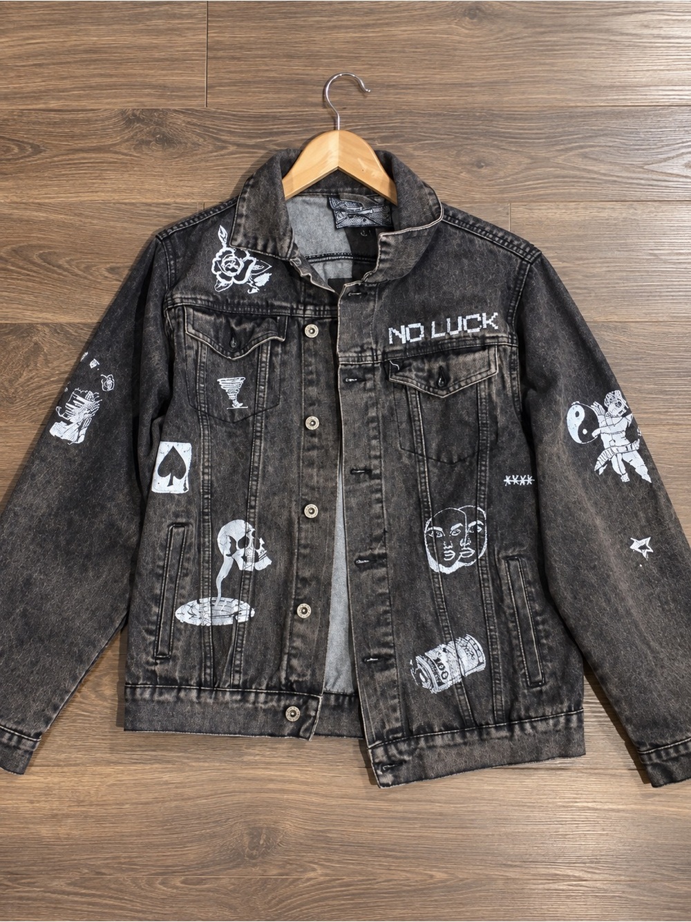 Brooklyn Cloth Men’s Large Black Acid Wash Graphic Denim Jacket Y2K Punk Grunge